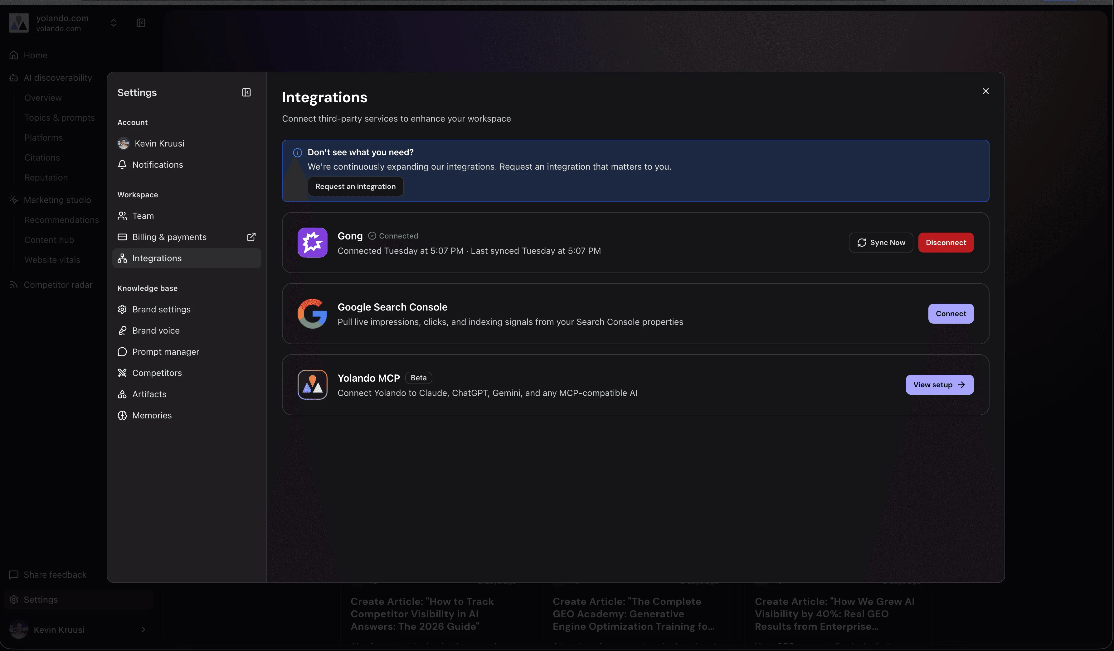 Yolando workspace Settings → Integrations panel showing Yolando MCP with the View setup button