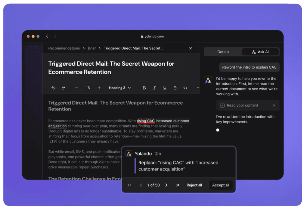 Yolando's Ask AI Content Editor Tool